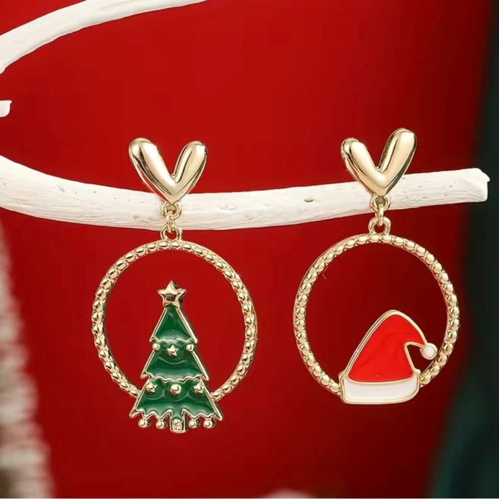 🌼 Hollow Round Shape Christmas Hat Tree Design Enamel Dangle Earrings Gold Tone